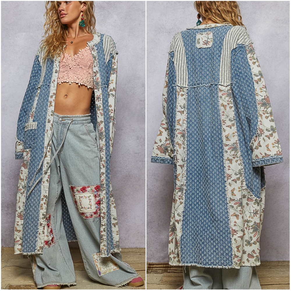 POL Floral Print Color block Open Front Loose fit Denim Long Jacket